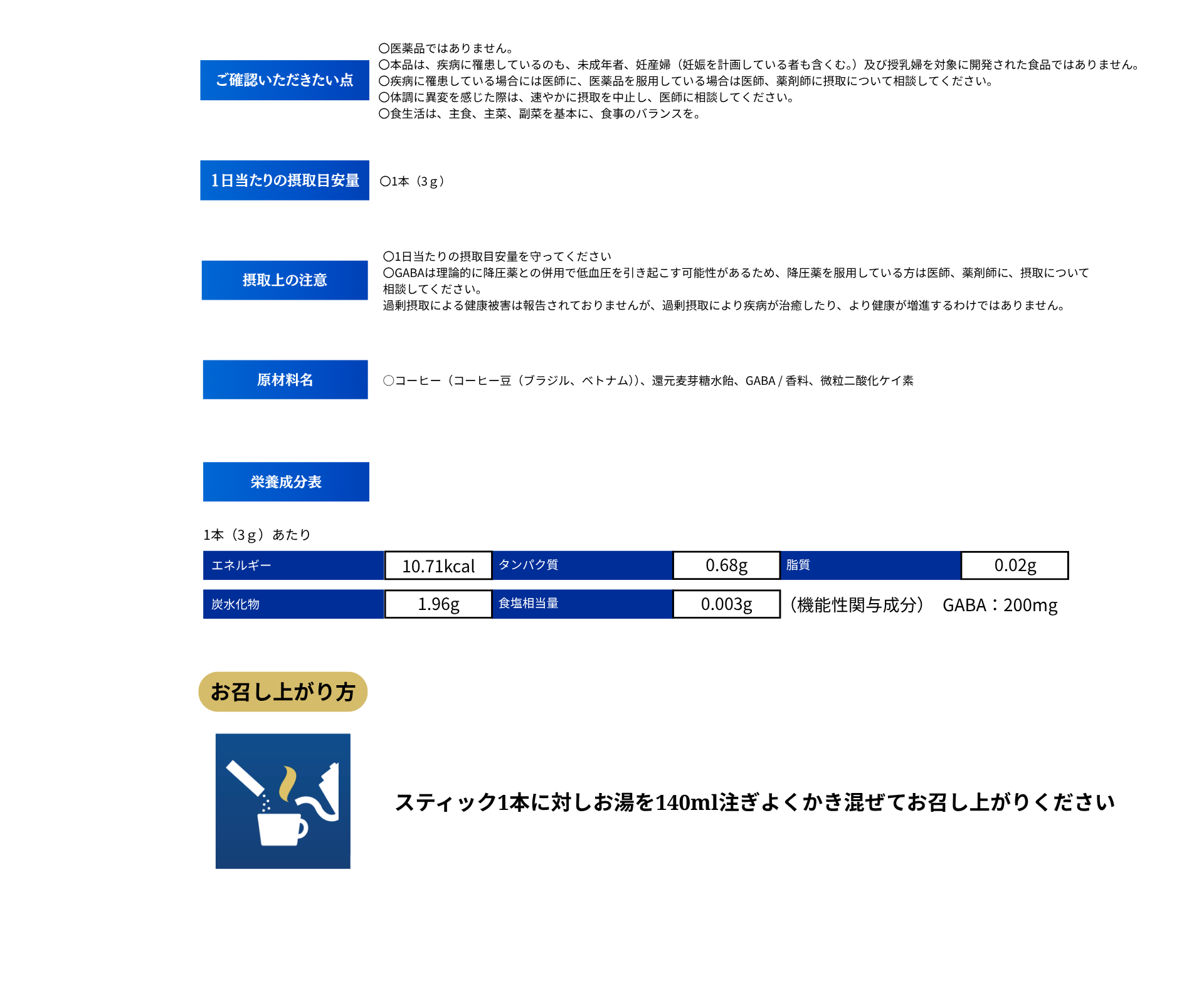 Memory Coffee（メモリーコーヒー）の成分・栄養成分表示。1本3gあたりエネルギー10.71kcal、タンパク質0.68g、脂質0.02g、炭水化物1.96g、食塩相当量0.003g。機能性関与成分GABA200mg配合。原材料はコーヒー豆（ブラジル・ベトナム）、還元麦芽糖水飴、GABA、香料、微粒二酸化ケイ素。